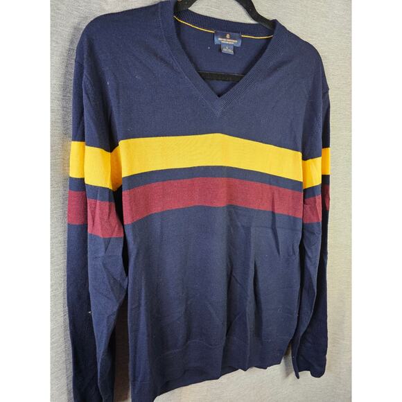 Brooks Brothers Extra Fine Merino Wool V-neck Sweater Men LG Blue Colorblock - Picture 2 of 5